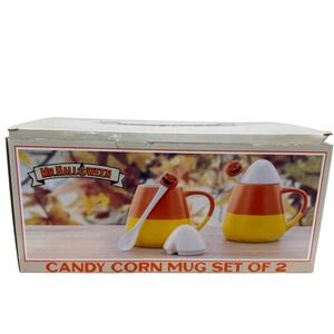 Mr. Halloween Candy Corn Mug Set of 2 with Lids‎ & Spoons New in Box